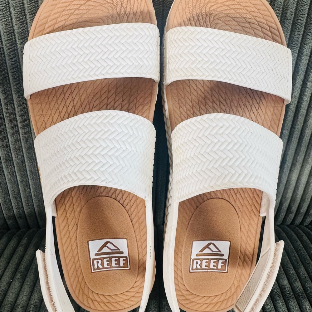 Reef White Double-Strap Slide Sandals with Tan Footbed